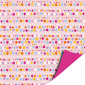 Dubbelzijdig cadeaupapier met allerlei kleuren stippen op een roze achtergrond