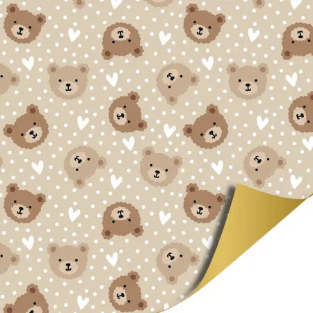 dubbelzijdig cadeaupapier met kleine beertjes in de kleuren beige en goud