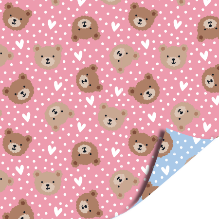 dubbelzijdig cadeaupapier met kleine beertjes en hartjes op blauw en roze papier