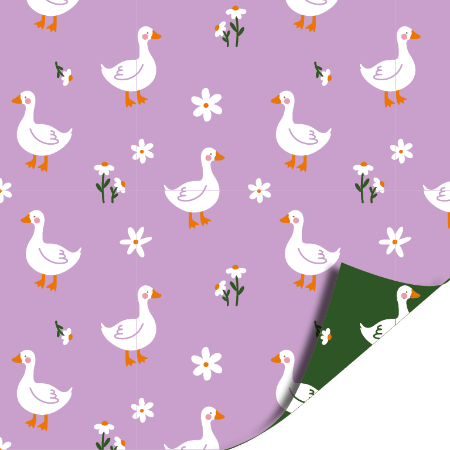 dubbelzijdig cadeaupapier met gansjes en bloemetjes in de kleuren lila en donkergroen
