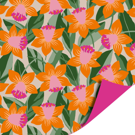 dubbelzijdig retro cadeaupapier met oranje met roze bloemen