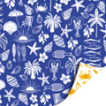 Dubbelzijdig cadeaupapier met schelpen, vissen en bloemen in de kleuren geel en blauw