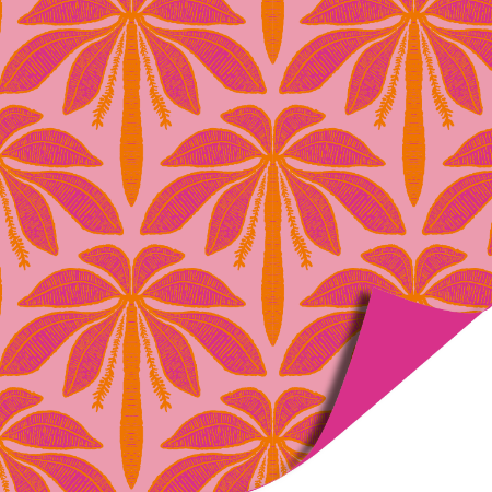 dubbelzijdig cadeaupapier met palmbomen in de kleuren roze en oranje