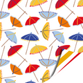 dubbelzijdig cadeaupapier met gekleurde parasolletjes op een witte achtergrond en blauw, geel en rode streepjes op de andere zijde