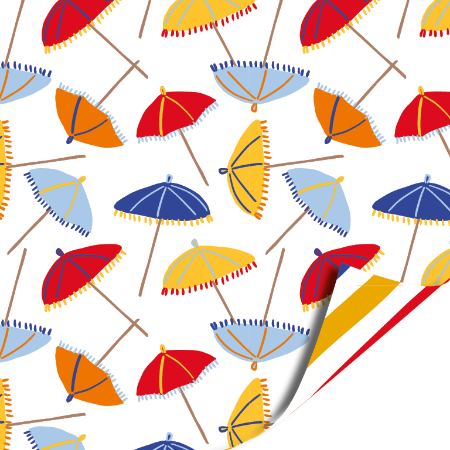 dubbelzijdig cadeaupapier met gekleurde parasolletjes op een witte achtergrond en blauw, geel en rode streepjes op de andere zijde