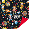 Sinterklaas cadeaupapier met dansende pieten, discoballen, cadeautjes en muzieknoten