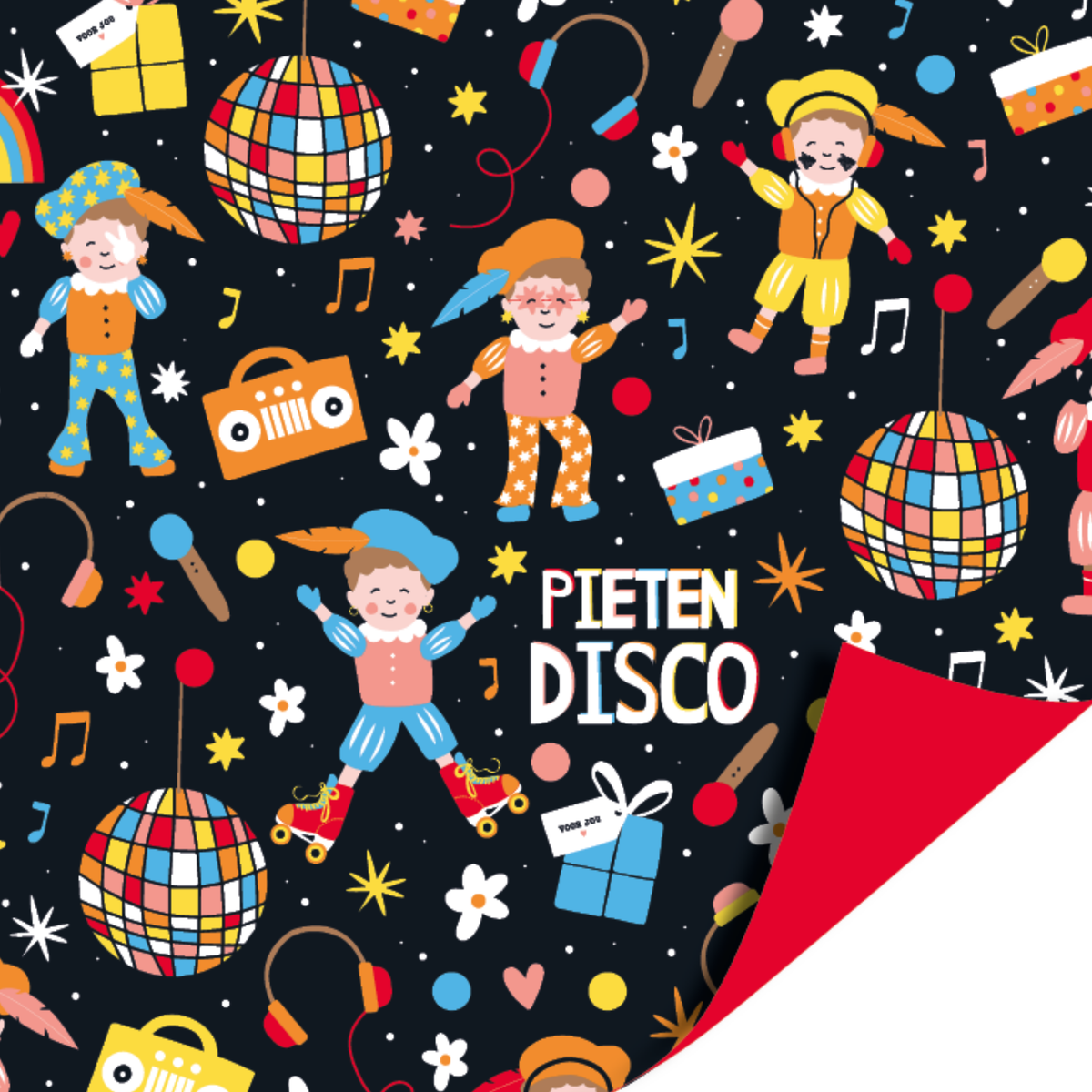 Sinterklaas cadeaupapier met dansende pieten, discoballen, cadeautjes en muzieknoten