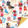 cadeaupapier sinterklaas met veel pietjes, slingers, cadeautjes en muziek.