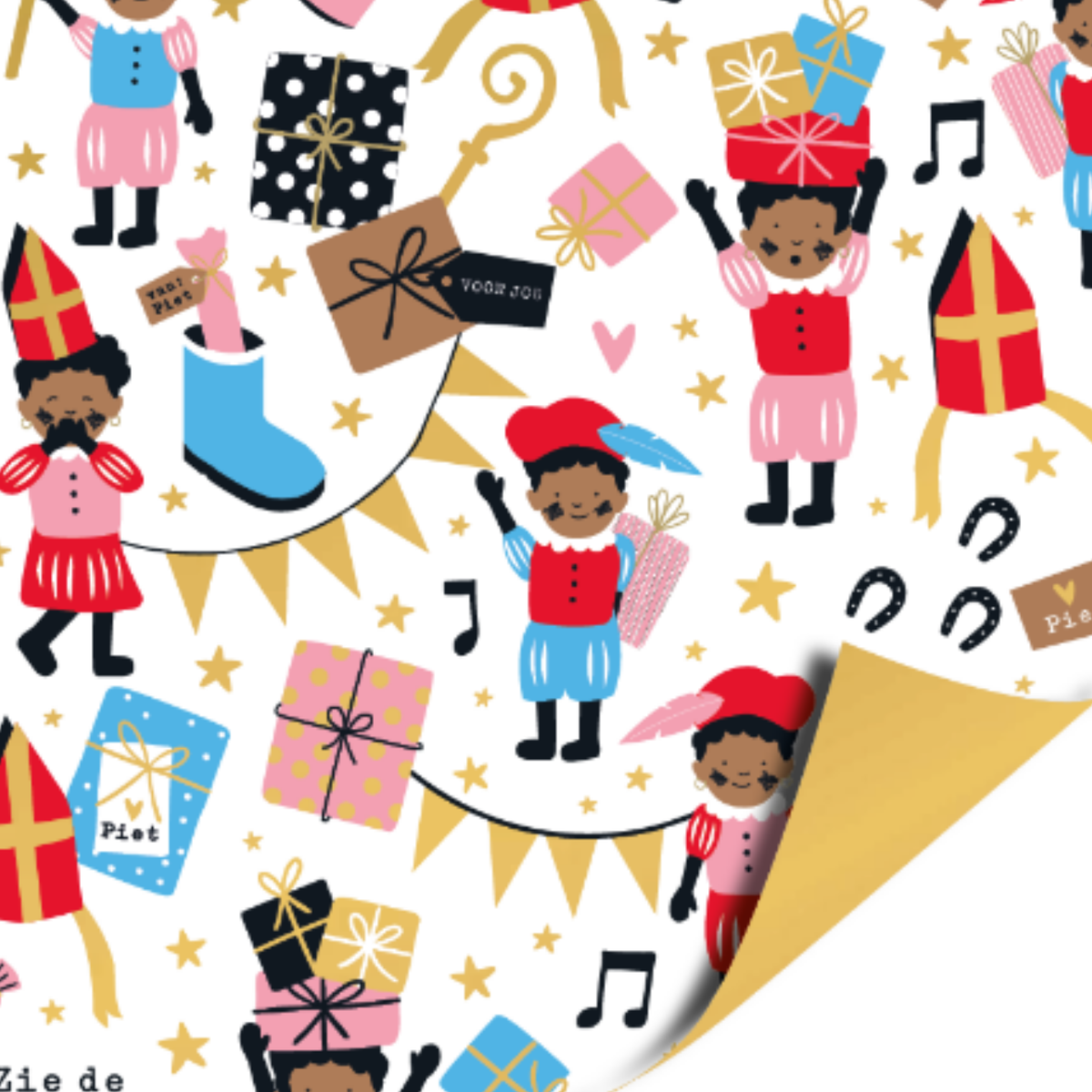 cadeaupapier sinterklaas met veel pietjes, slingers, cadeautjes en muziek.