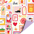 Cadeaupapier met schilderijtjes met sinterklaas, piet en andere dingen die horen bij sinterklaas.