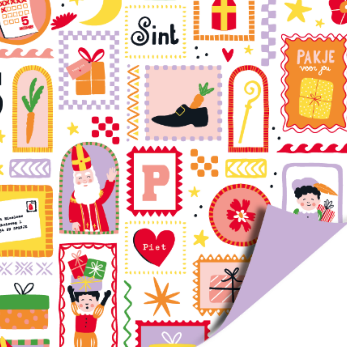 Cadeaupapier met schilderijtjes met sinterklaas, piet en andere dingen die horen bij sinterklaas.
