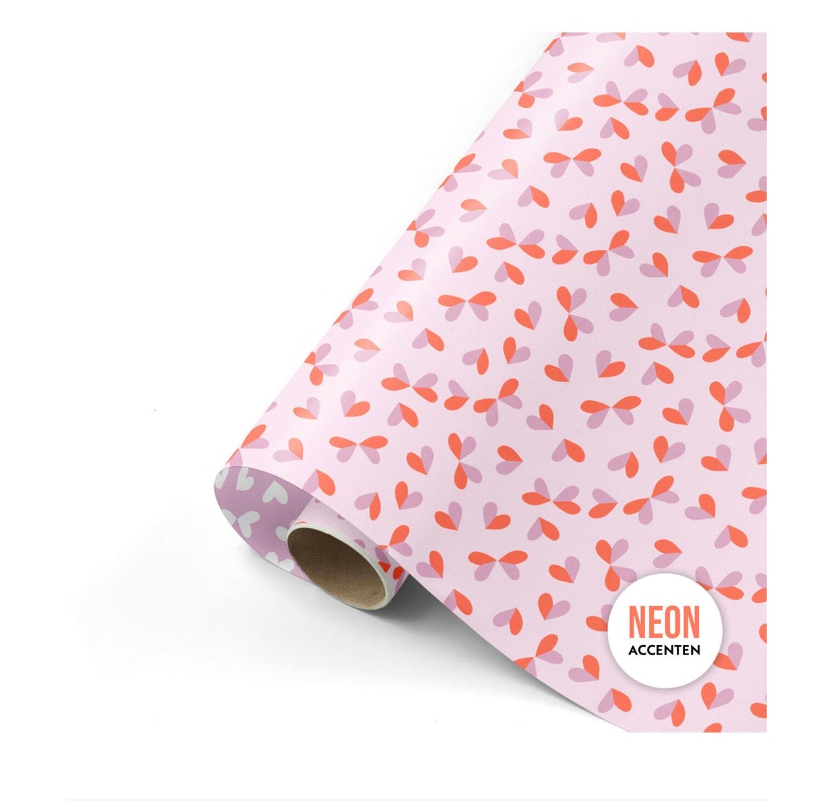 Roze cadeaupapier met hartjes in paars en neon roze.