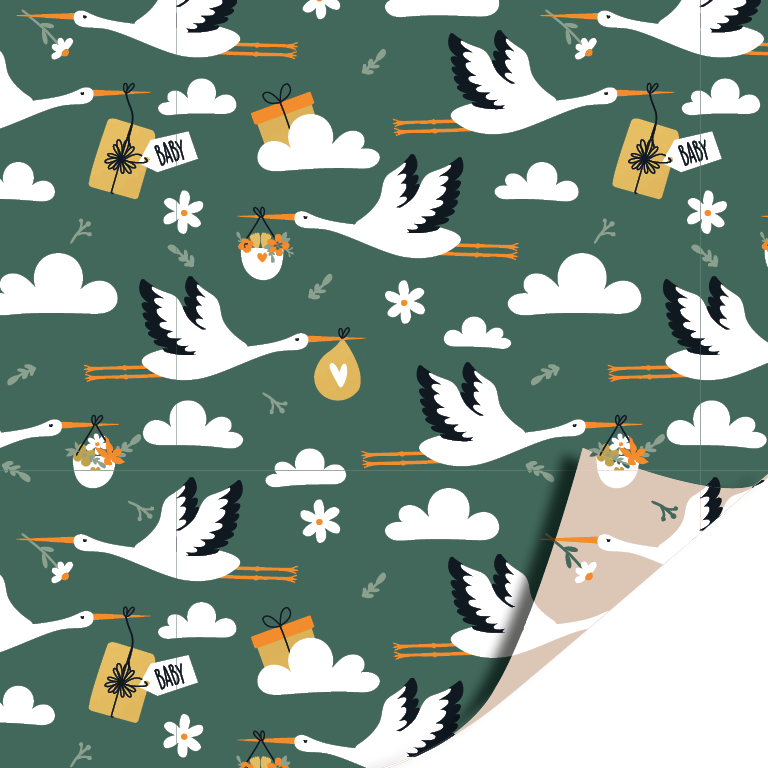 Donkergroen cadeaupapier met ooievaars en wolkjes