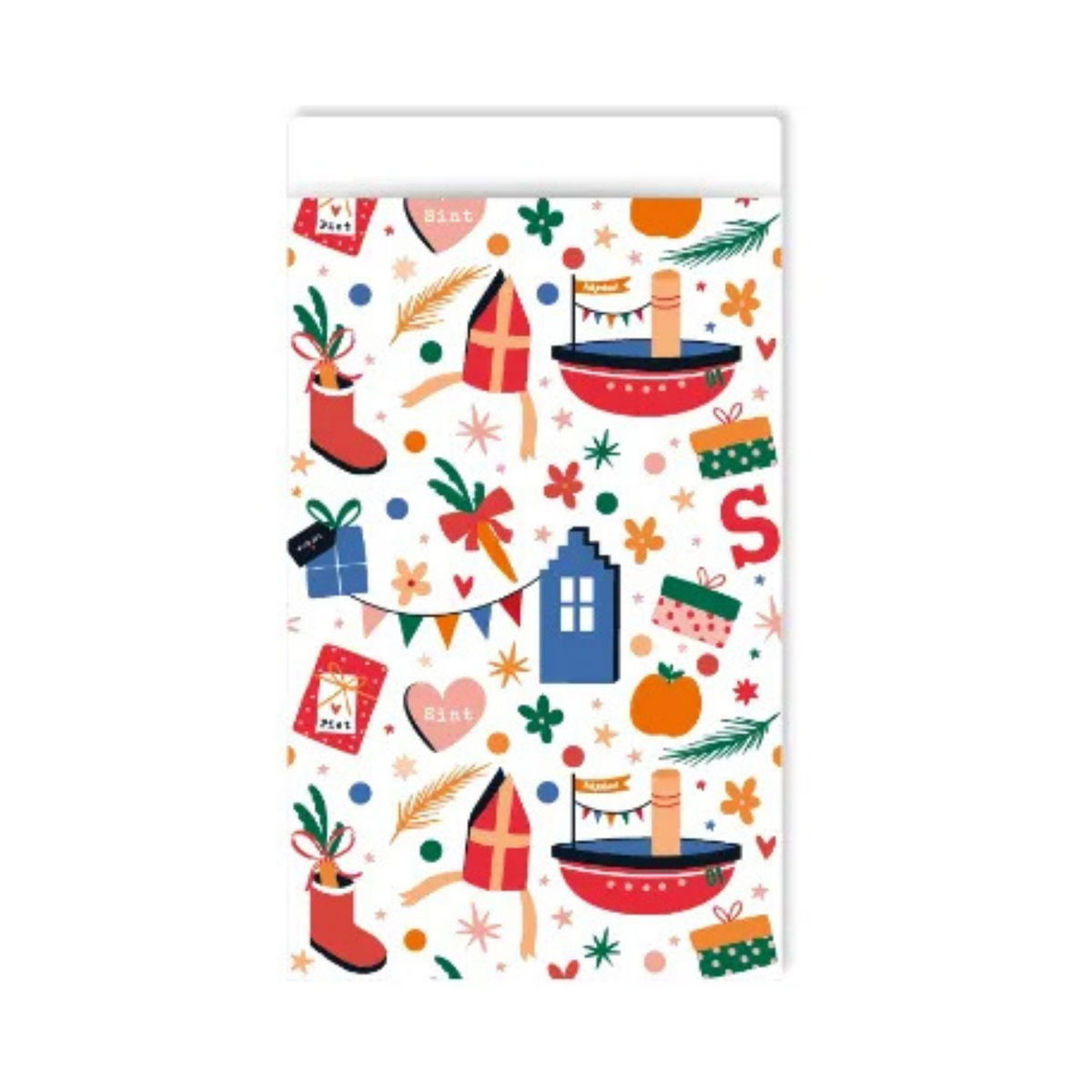 Cadeauzakje met allerlei dingen die te maken hebben met sinterklaas zoals de stoomboot, de mijter, chocoladeletters, een schoen met wortels en cadeautjes.