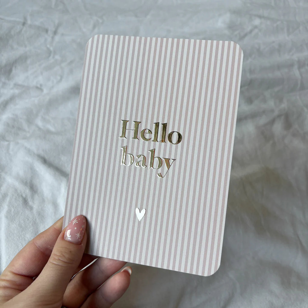Wenskaart - Hello baby streepje - met goudfolie