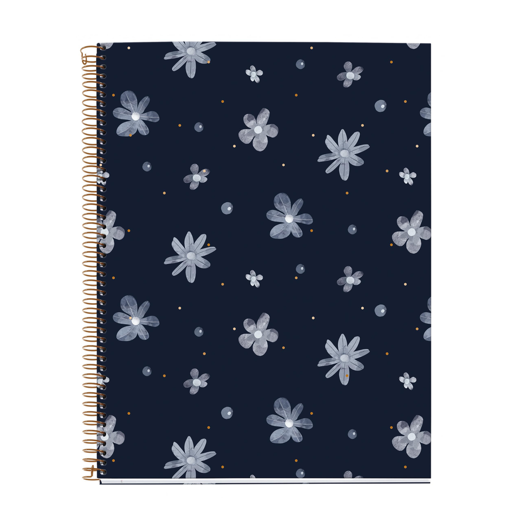 Notitieboek, donkerblauw met witte bloemen en gouden stipjes. Met spiraal en formaat a4