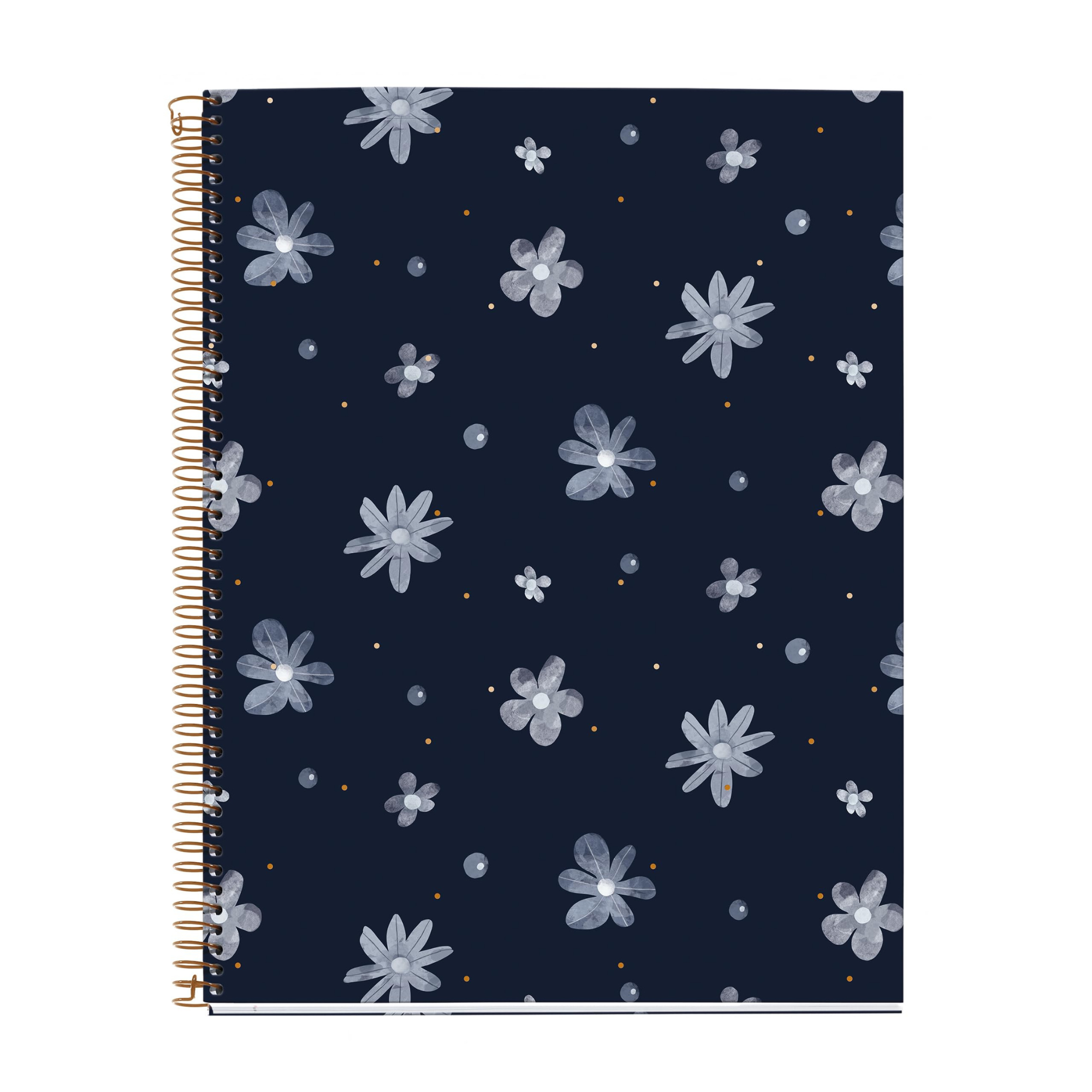 Notitieboek, donkerblauw met witte bloemen en gouden stipjes. Met spiraal en formaat a4