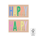Rechthoekige stickers met het woord happy birthday in vrolijke kleuren en goudfolie