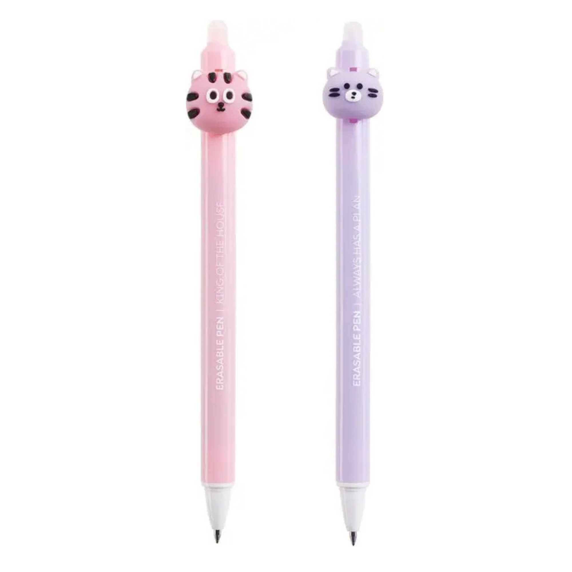 Set met uitgumbare pennen met een poes en tijger in roze en lila