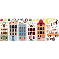 Raamstickers sinterklaas met grachtenpandjes, cadeautjes, ozosnel, een auto en de maan en sterren