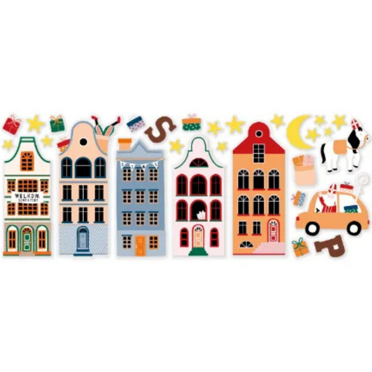 Raamstickers sinterklaas met grachtenpandjes, cadeautjes, ozosnel, een auto en de maan en sterren