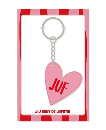 sleutelhanger in de vorm van een hartje met daarop juf, jij bent de liefste