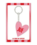 sleutelhanger in de vorm van een hartje met daarop juf, jij bent de liefste