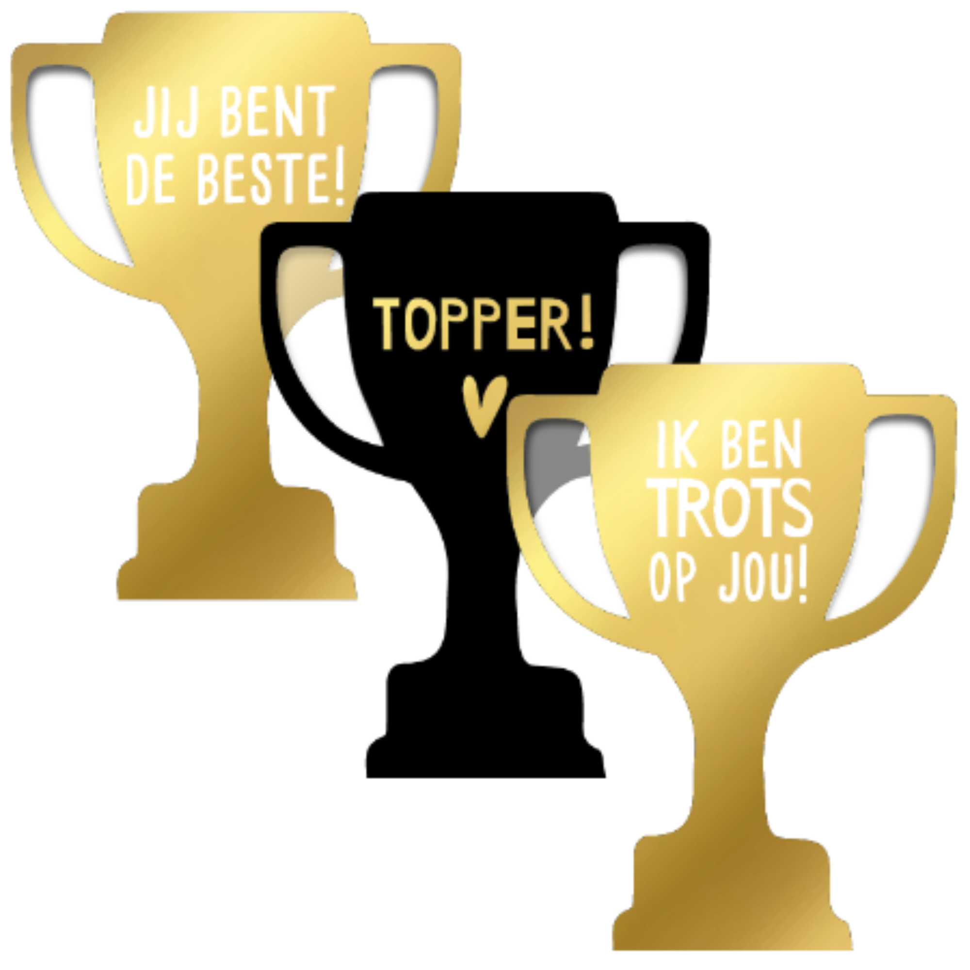 Stickers in de vorm van een beker in goud en zwart met de teksten jij bent de beste, topper en ik ben trots op jou.