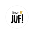 Ronde witte sticker met zwarte tekst lieve juf en een gouden hartje