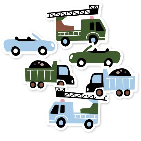Stickers van voertuigen zoals auto's, vrachtauto's en brandweerauto's