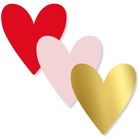 Grote hartjesstickers in de kleuren rood, roze en goud