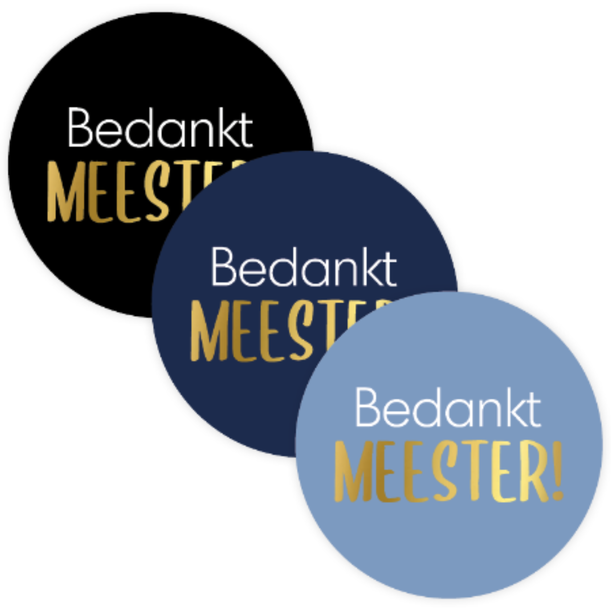 3 varianten ronde stickers met de tekst bedankt meester met goudfolie in de kleuren zwart, donkerblauw en lichtblauw
