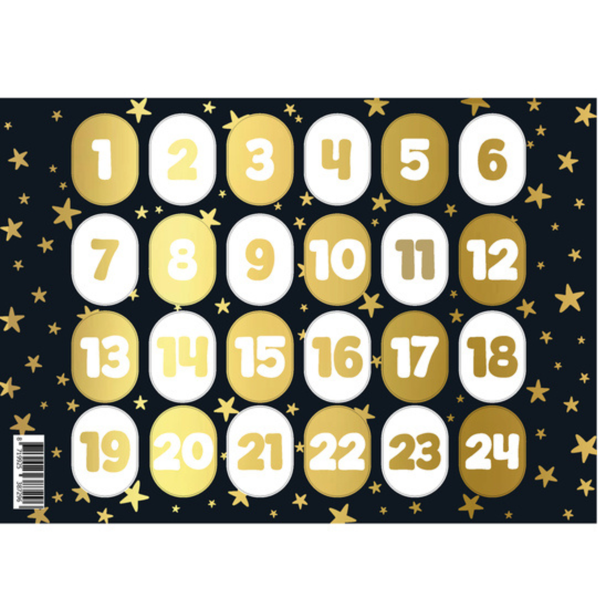 Stickervel voor advent met de cijfers 1 tot en met 24 in wit en goud. Zwarte achtergrond met gouden sterren