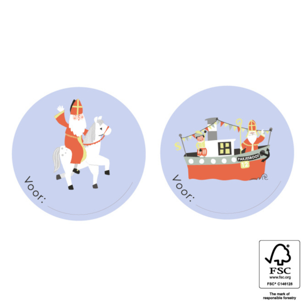 Lichtblauwe ronde stickers met op de ene sticker sinterklaas op Ozosnel en op de andere de pakjesboot.