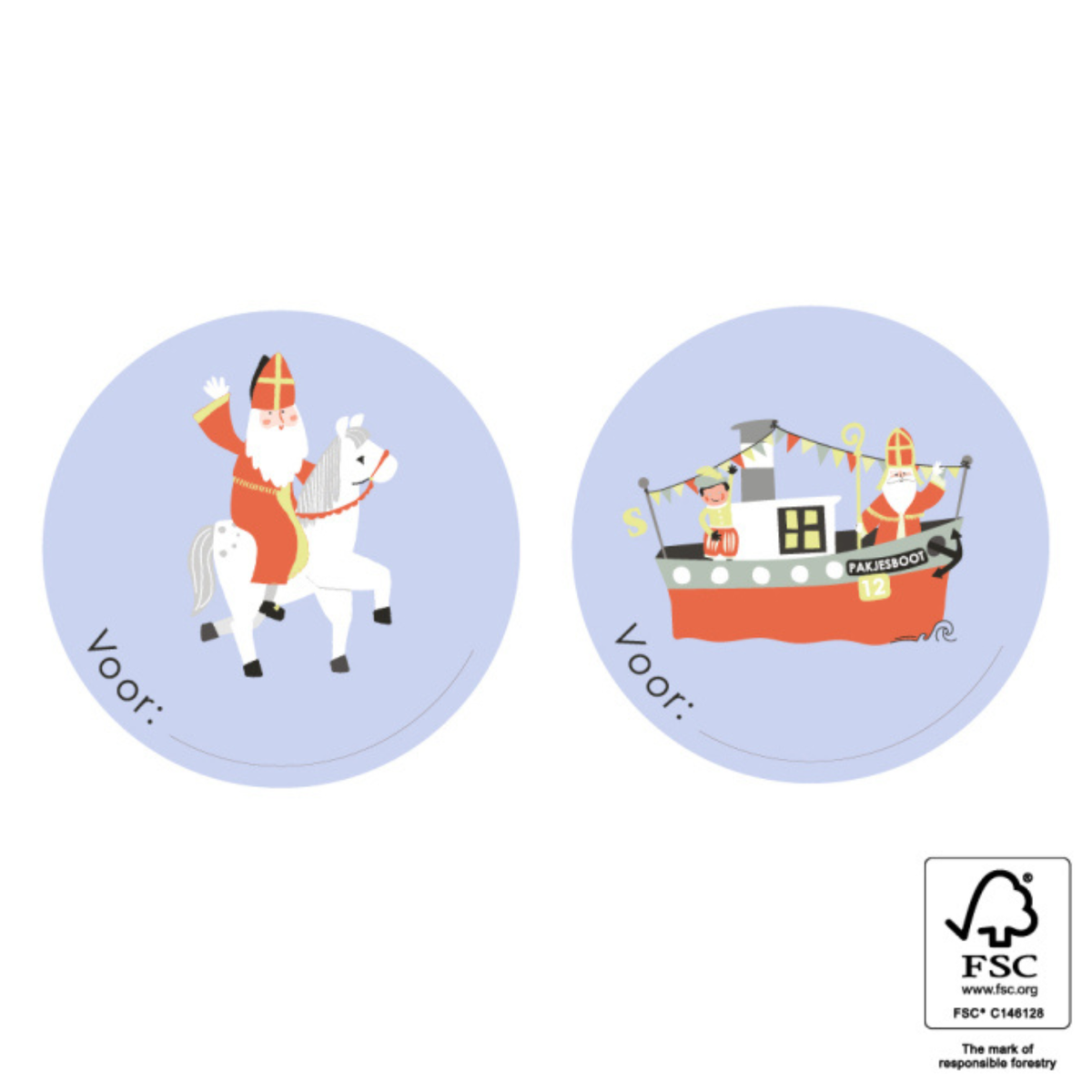 Lichtblauwe ronde stickers met op de ene sticker sinterklaas op Ozosnel en op de andere de pakjesboot.
