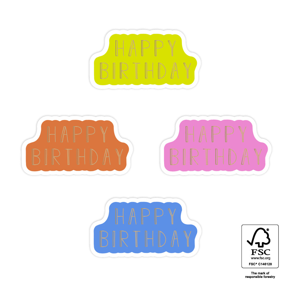 Stickers met de tekt happy birthday in goudfolie en 4 kleuren.