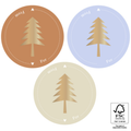 Ronde stickers met gouden kerstbomen op een blauwe, bruine of beige achtergrond.