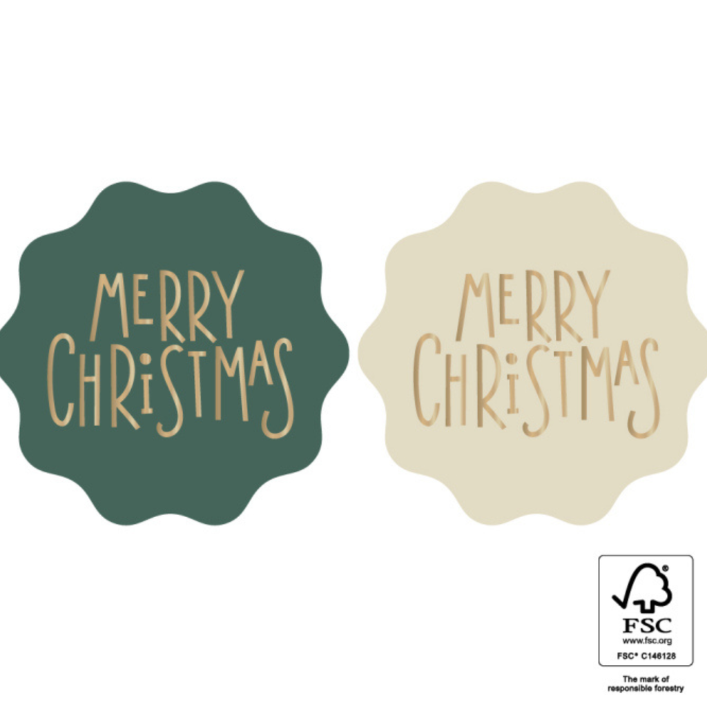 Ronde stickers met gegolfde rand in de kleuren donkergroen en beige en met gouden letters merry christmas