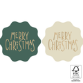 Ronde stickers met gegolfde rand in de kleuren donkergroen en beige en met gouden letters merry christmas