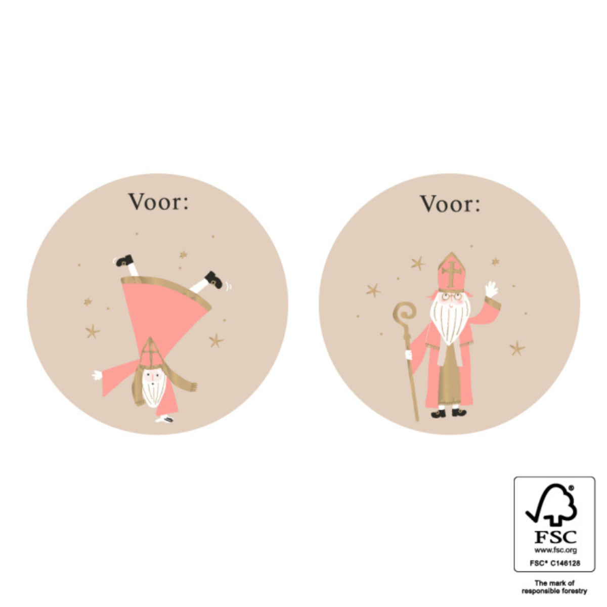 Beige ronde stickers met op de ene sticker sinterklaas die op zijn handen staat en de andere sticker met een zwaaiende sinterklaas. Beiden met gouden effecten