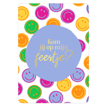 Uitnodiging met gekleurde smileys en een blauwe cirkel met goudfolie