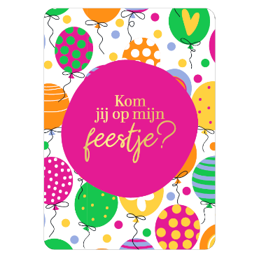 Uitnodiging met gekleurde smileys en een roze cirkel met goudfolie