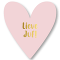 Lichtroze wenskaart in de vorm van een hart met daarop de tekst lieve juf in goudfolie