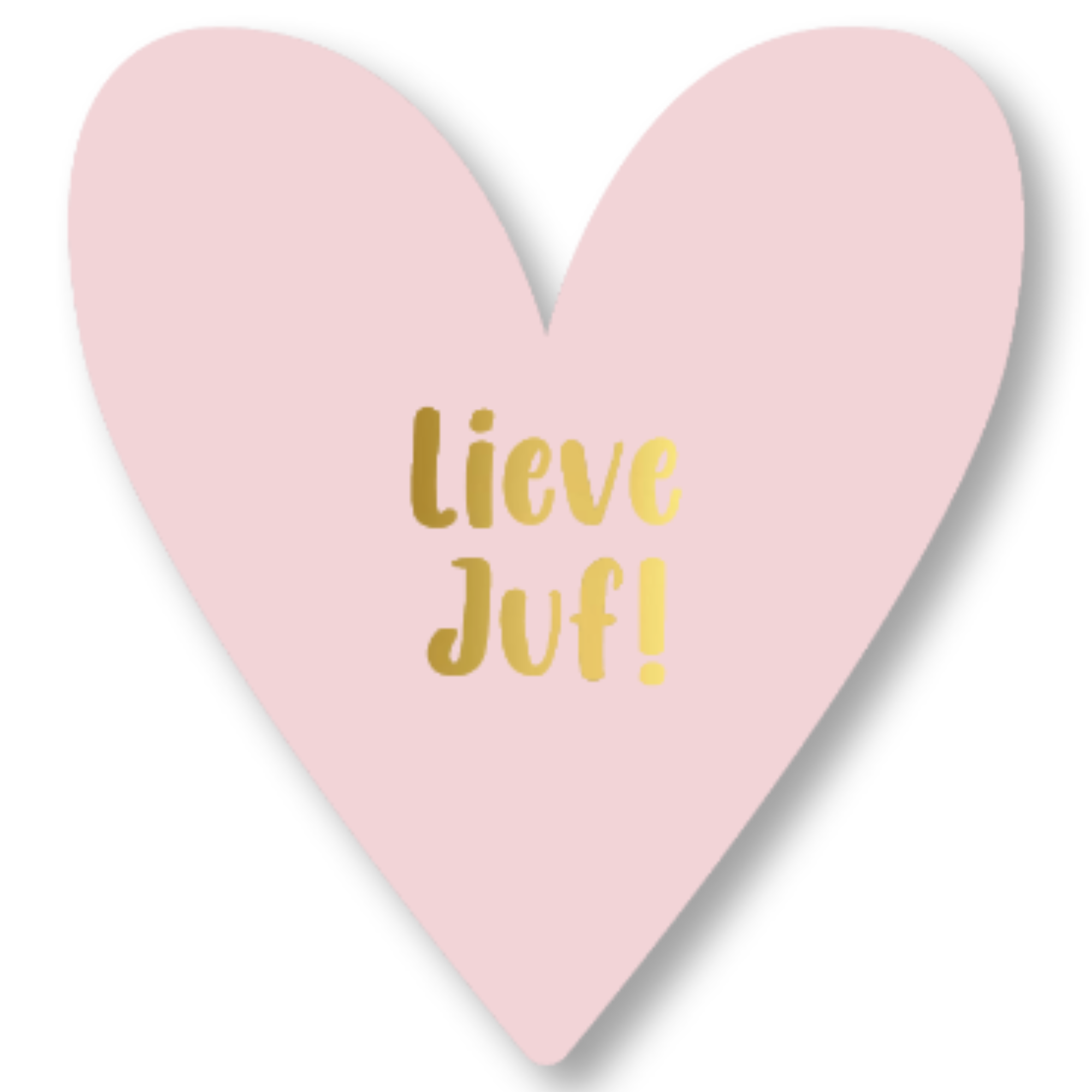 Lichtroze wenskaart in de vorm van een hart met daarop de tekst lieve juf in goudfolie